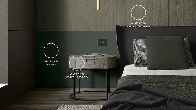 Vue intérieure des panneaux Master Oak utilisés dans une chambre d'hôtel